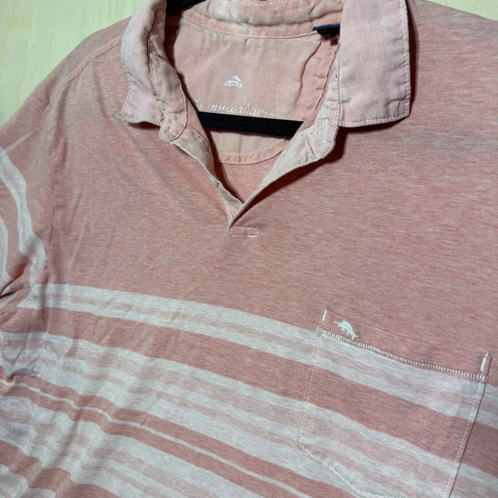 Tommy Bahama Polo Shirt Mens XL‎ Pink Striped Short Sleeve Casual Cotton